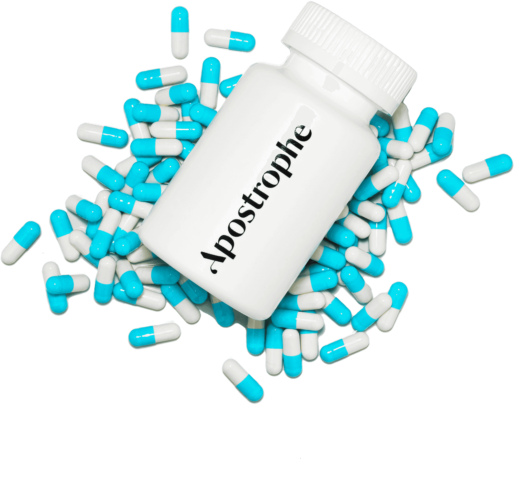White Apostrophe pill bottle with black logo on top of a pile of half white and half blue pills.